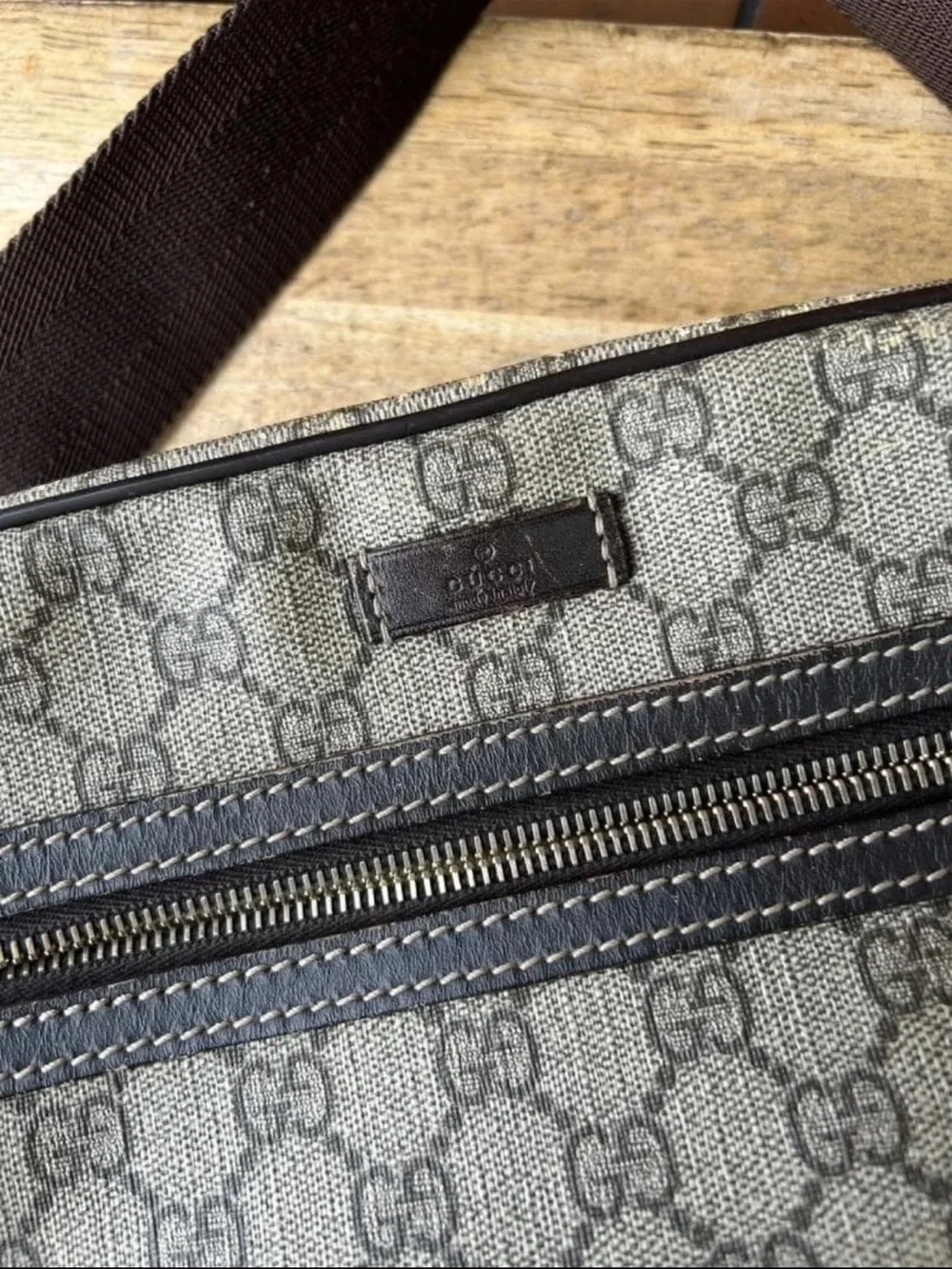 Gucci Gray GG Supreme Messenger Bag with Brown Trim